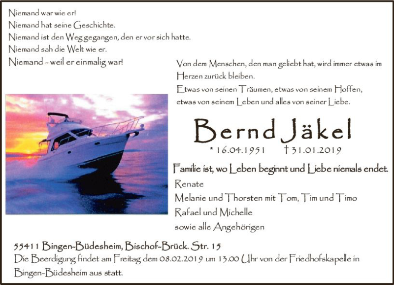  Traueranzeige für Bernd Jäkel vom 05.02.2019 aus vrm-trauer