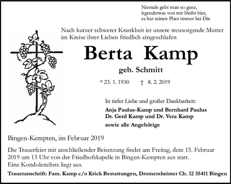  Traueranzeige für Berta Kamp vom 12.02.2019 aus vrm-trauer