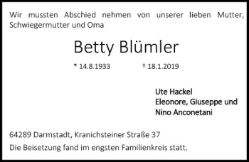 Traueranzeige von Betty Blümler von vrm-trauer