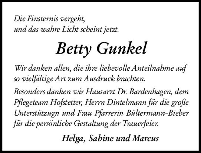  Traueranzeige für Betty Gunkel vom 02.02.2019 aus vrm-trauer