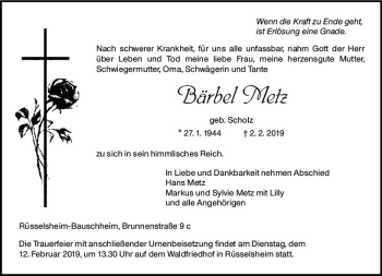 Traueranzeige von Bärbel Metz von vrm-trauer