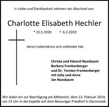 Traueranzeige von Charlotte Elisabeth Hechler von vrm-trauer