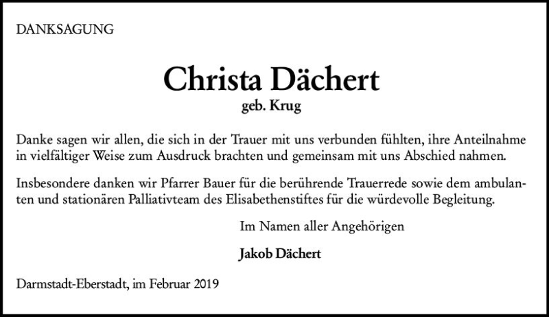  Traueranzeige für Christa Dächert vom 23.02.2019 aus vrm-trauer