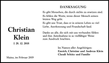 Traueranzeige von Christian Klein von vrm-trauer
