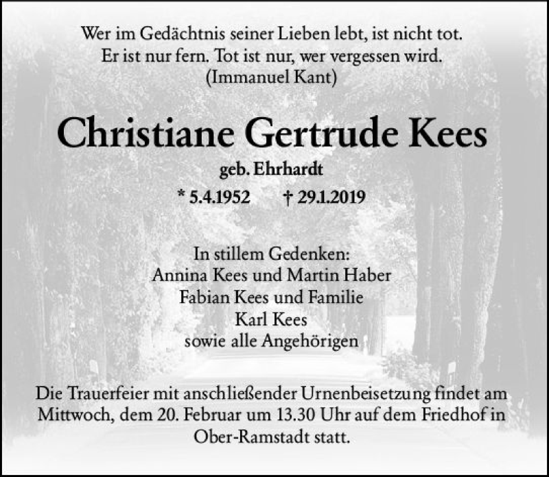  Traueranzeige für Christiane Gertrude Kees vom 16.02.2019 aus vrm-trauer
