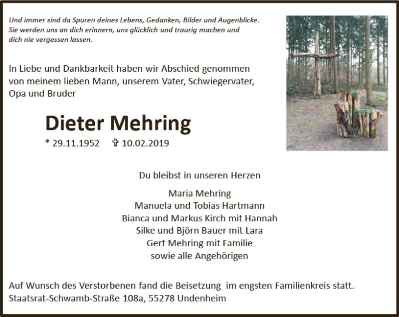  Traueranzeige für Dieter Mehring vom 23.02.2019 aus vrm-trauer
