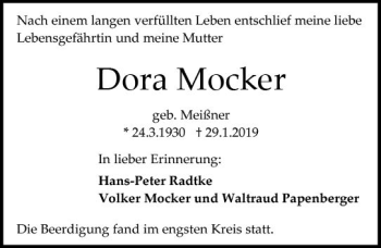 Traueranzeige von Dora Mocker von vrm-trauer