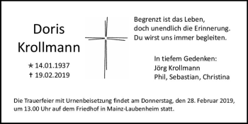 Traueranzeige von Doris Krollmann von vrm-trauer