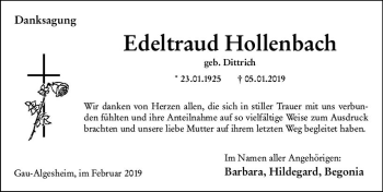 Traueranzeige von Edeltraud Hollenbach von vrm-trauer