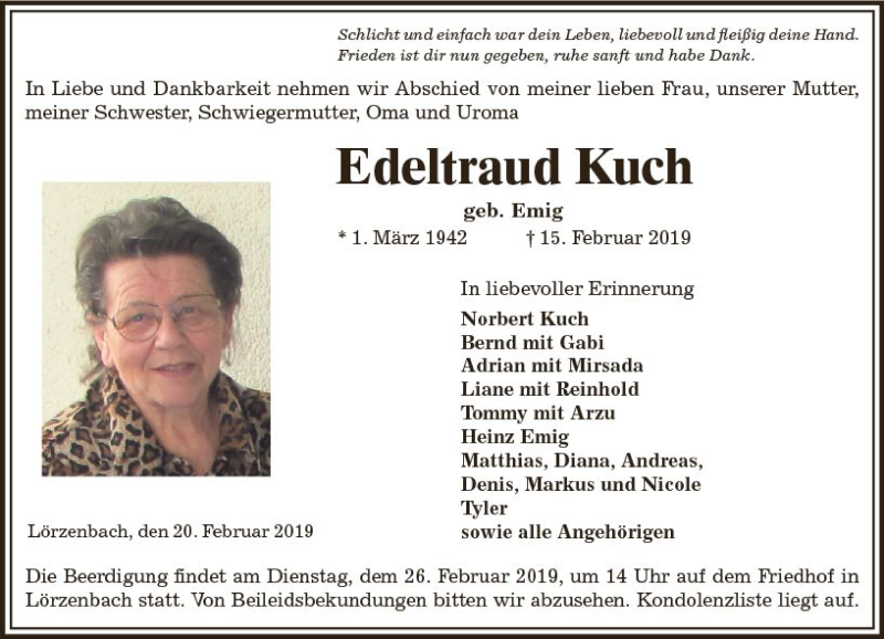  Traueranzeige für Edeltraud Kuch vom 20.02.2019 aus vrm-trauer