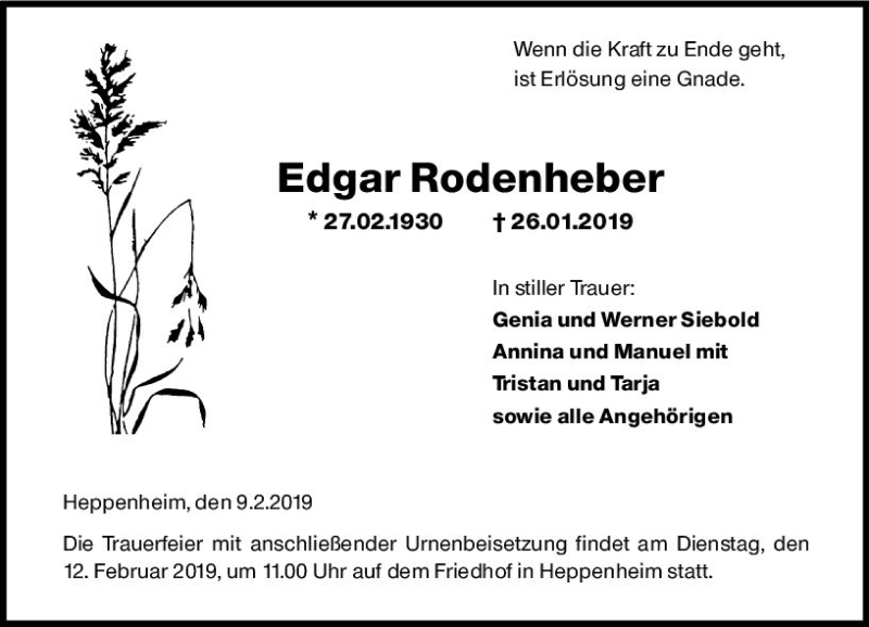 Traueranzeige für Edgar Rodenheber vom 09.02.2019 aus vrm-trauer