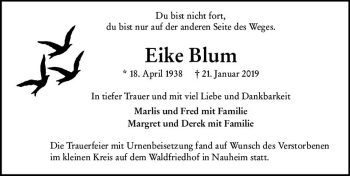 Traueranzeige von Eike Blum von vrm-trauer