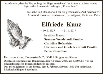 Traueranzeige von Elfriede Kunz von vrm-trauer
