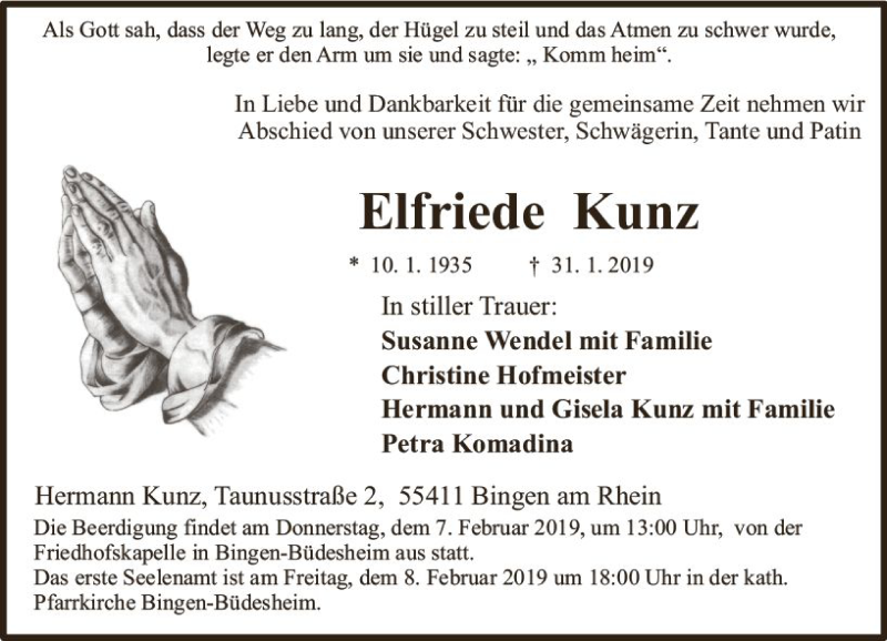  Traueranzeige für Elfriede Kunz vom 02.02.2019 aus vrm-trauer
