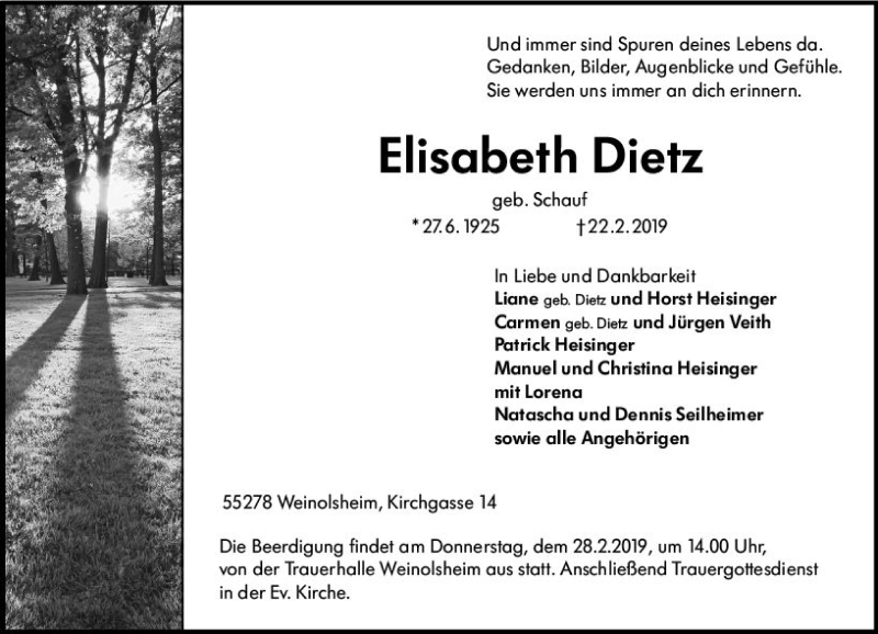 Traueranzeige für Elisabeth Dietz vom 26.02.2019 aus vrm-trauer
