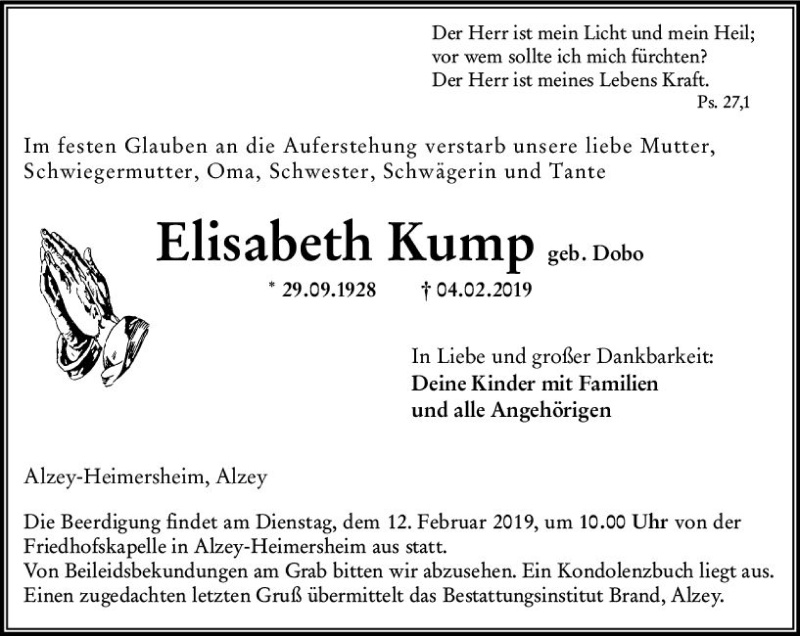  Traueranzeige für Elisabeth Kump vom 06.02.2019 aus vrm-trauer
