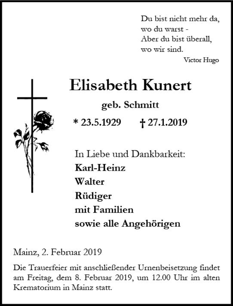  Traueranzeige für Elisabeth Kunert vom 02.02.2019 aus vrm-trauer