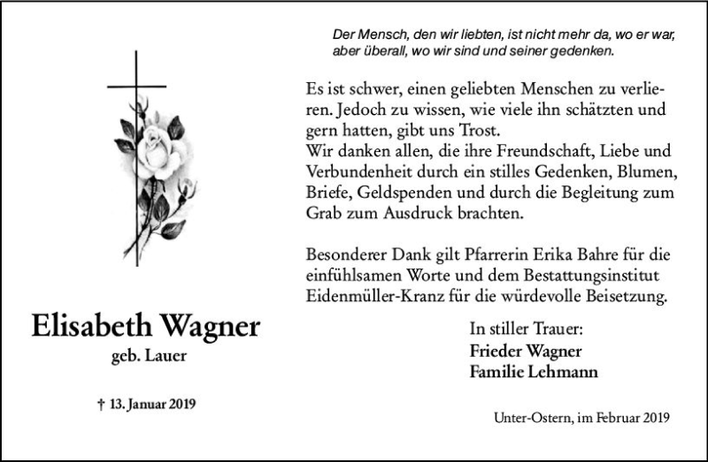  Traueranzeige für Elisabeth Wagner vom 16.02.2019 aus vrm-trauer