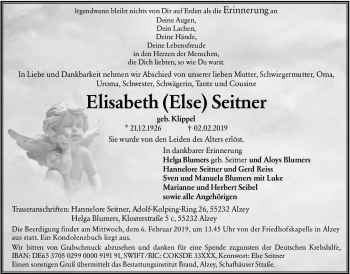 Traueranzeige von Elisabeth Else Seitner von vrm-trauer