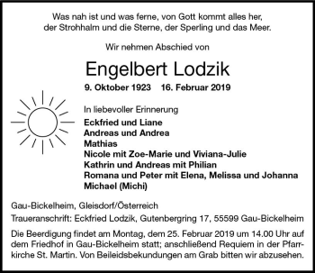 Traueranzeige von Engelbert Lodzik von vrm-trauer