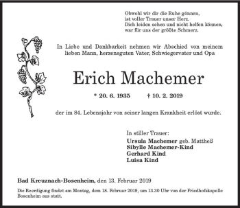 Traueranzeige von Erich Machemer von vrm-trauer