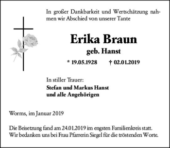 Traueranzeige von Erika Braun von vrm-trauer