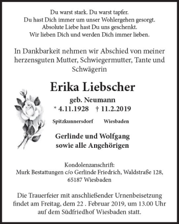 Traueranzeige von Erika Liebscher von vrm-trauer