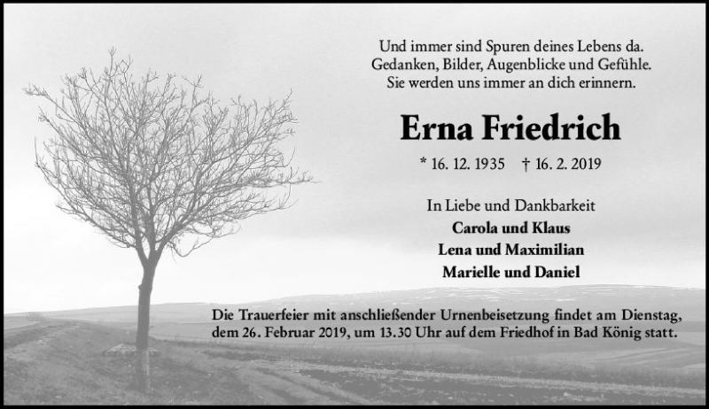  Traueranzeige für Erna Friedrich vom 21.02.2019 aus vrm-trauer