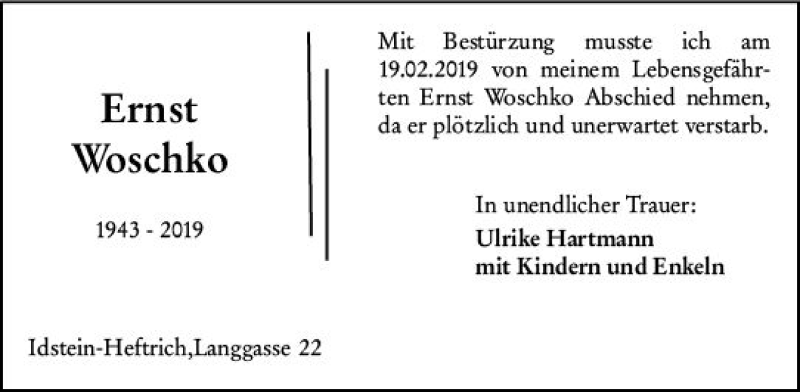  Traueranzeige für Ernst Woschko vom 26.02.2019 aus vrm-trauer