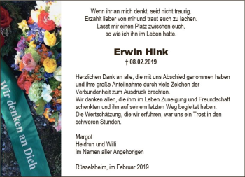 Traueranzeige von Erwin Hink von vrm-trauer