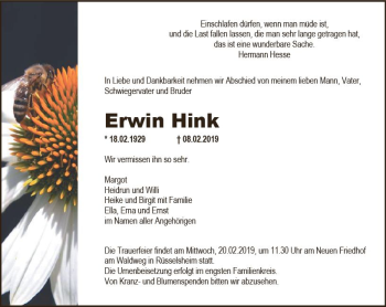 Traueranzeige von Erwin Hink von vrm-trauer