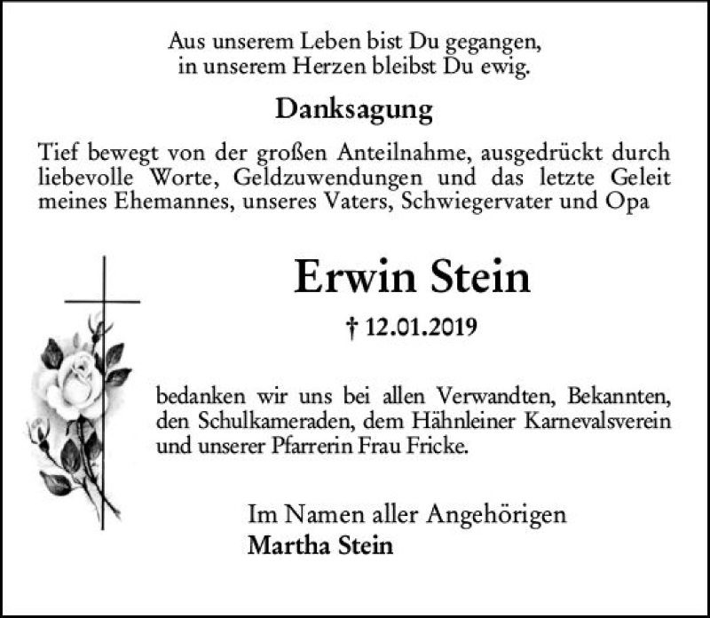  Traueranzeige für Erwin Stein vom 02.02.2019 aus vrm-trauer