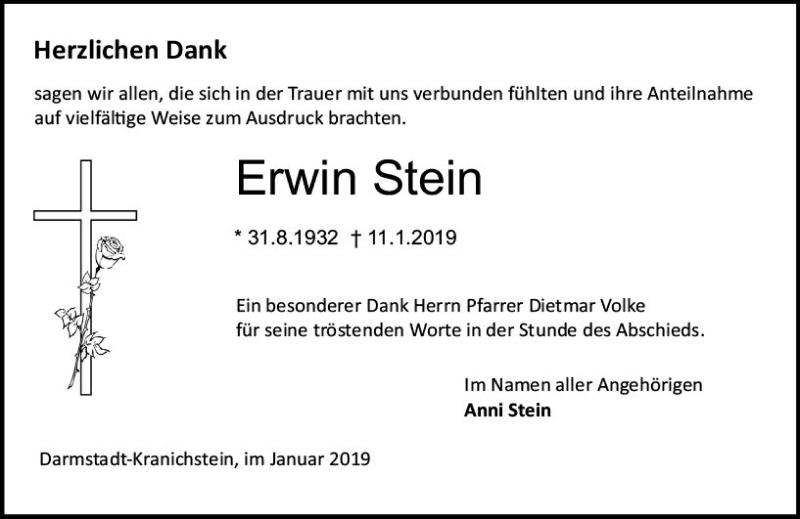  Traueranzeige für Erwin Stein vom 02.02.2019 aus vrm-trauer