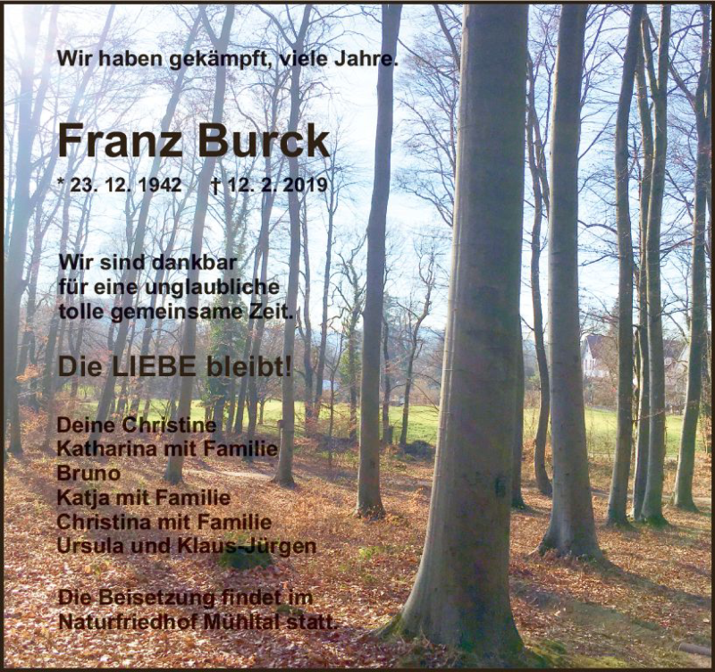  Traueranzeige für Franz Burck vom 23.02.2019 aus vrm-trauer