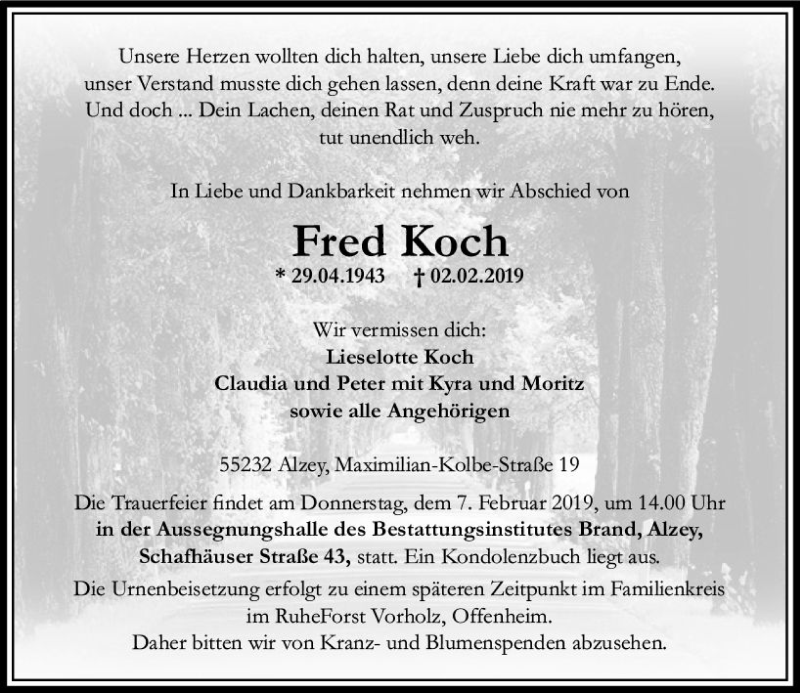  Traueranzeige für Fred Koch vom 04.02.2019 aus vrm-trauer