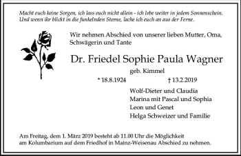 Traueranzeige von Friedel Sophie Paula Wagner von vrm-trauer