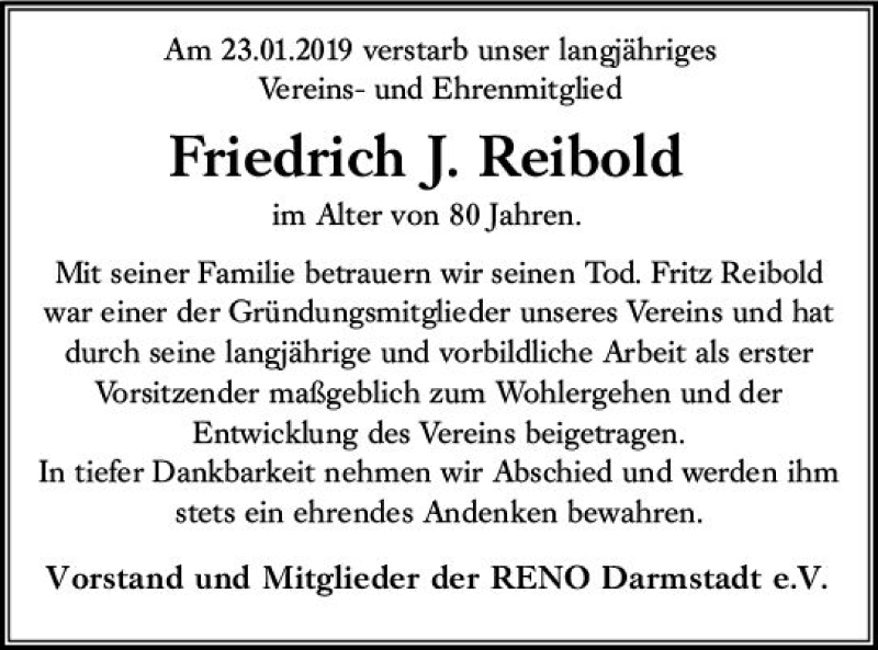  Traueranzeige für Friedrich J.  Reibold vom 02.02.2019 aus vrm-trauer