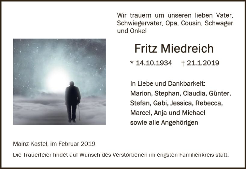  Traueranzeige für Fritz Miedreich vom 02.02.2019 aus vrm-trauer