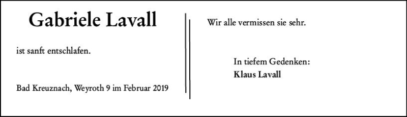  Traueranzeige für Gabriele Lavall vom 16.02.2019 aus vrm-trauer