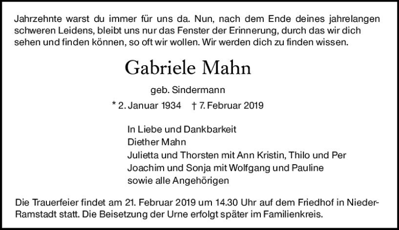  Traueranzeige für Gabriele Mahn vom 16.02.2019 aus vrm-trauer