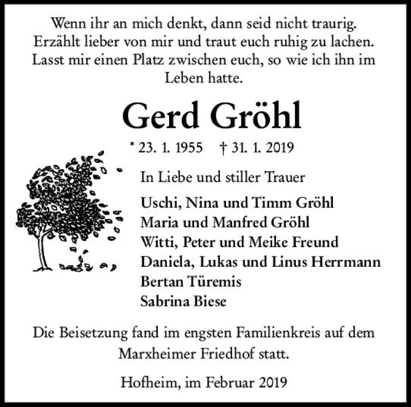  Traueranzeige für Gerd Gröhl vom 15.02.2019 aus vrm-trauer