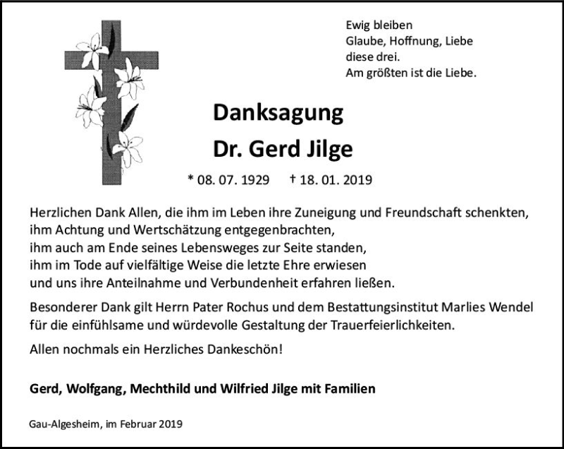  Traueranzeige für Gerd Jilge vom 09.02.2019 aus vrm-trauer