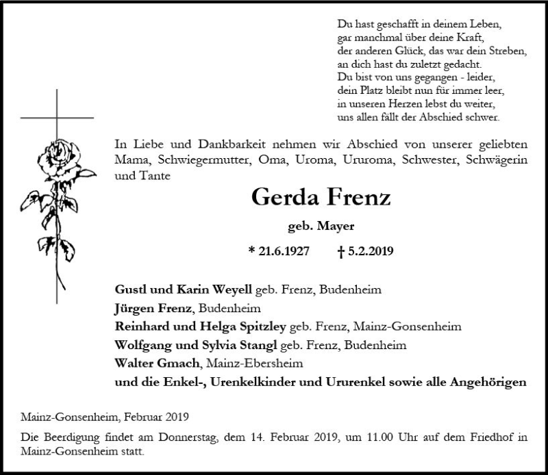  Traueranzeige für Gerda Frenz vom 09.02.2019 aus vrm-trauer