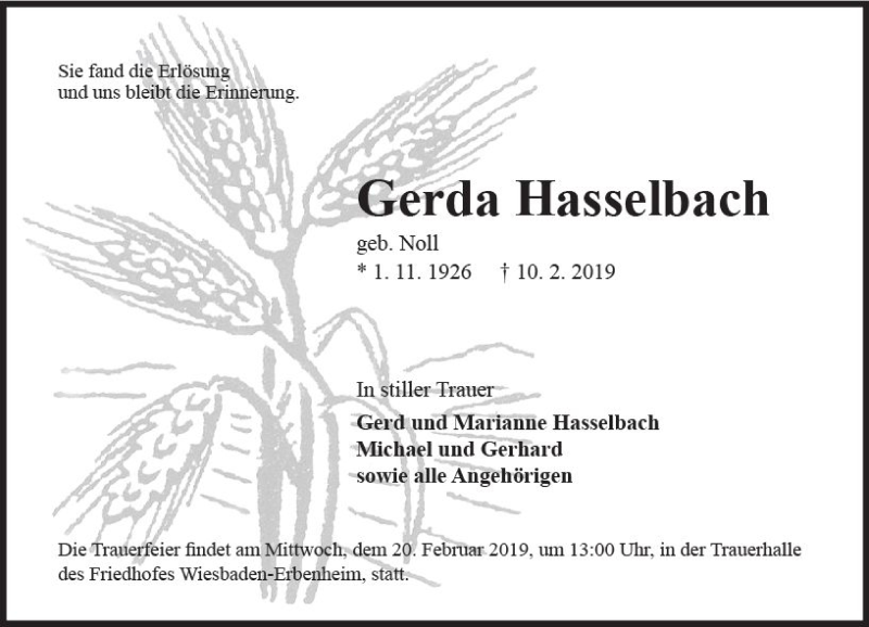  Traueranzeige für Gerda Hasselbach vom 16.02.2019 aus vrm-trauer