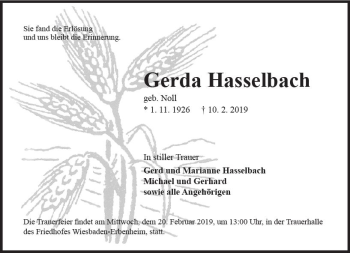 Traueranzeige von Gerda Hasselbach von vrm-trauer