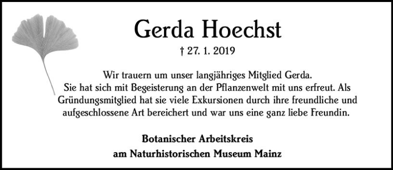  Traueranzeige für Gerda Höchst vom 02.02.2019 aus vrm-trauer