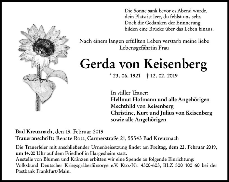  Traueranzeige für Gerda von Keisenberg vom 19.02.2019 aus vrm-trauer