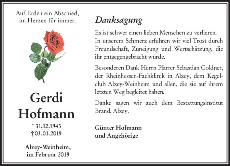  Traueranzeige für Gerdi Hofmann vom 09.02.2019 aus vrm-trauer