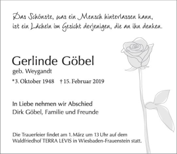 Traueranzeige von Gerlinde Göbel von vrm-trauer