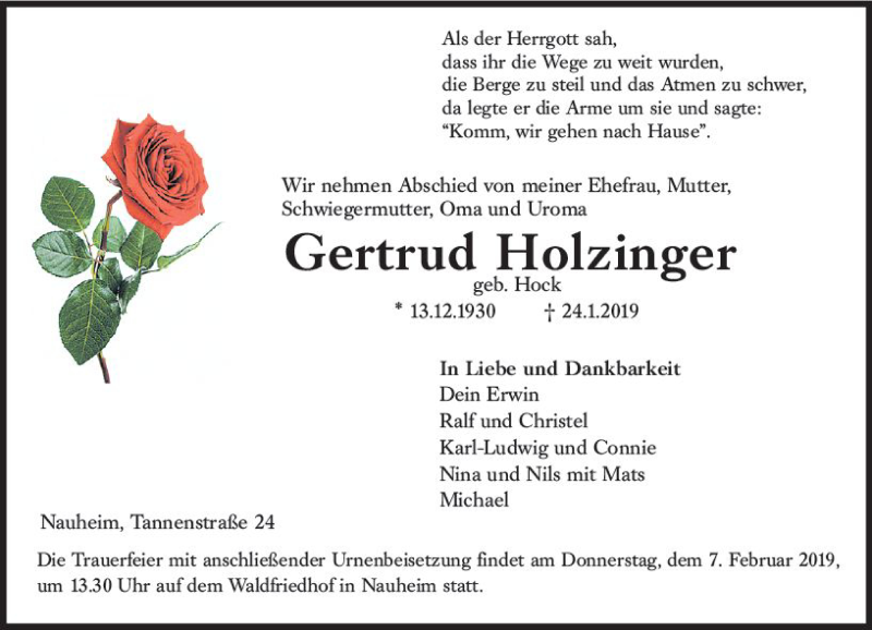  Traueranzeige für Gertrud Holzinger vom 02.02.2019 aus vrm-trauer